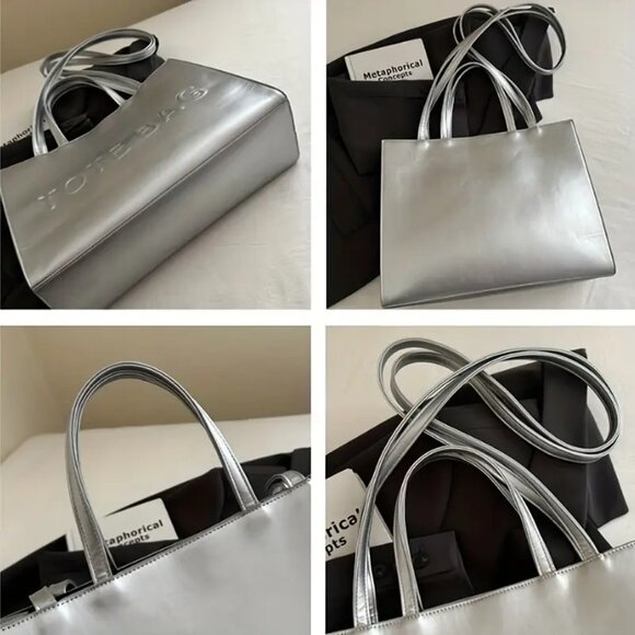 Stylish Silver Embossed TOTE BAG Handbag - Vegan Leather Shoulder Bag for Women - Picture 6 of 7